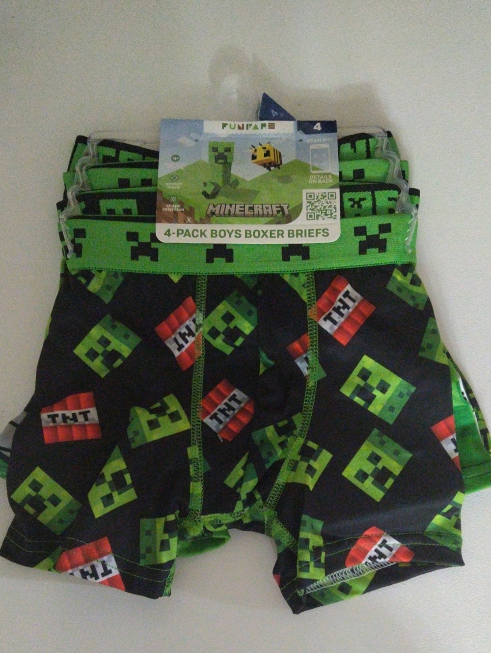 Minecraft Boys 4 Pack Boxer Briefs - Green & Black TNT  Print Size 4 New